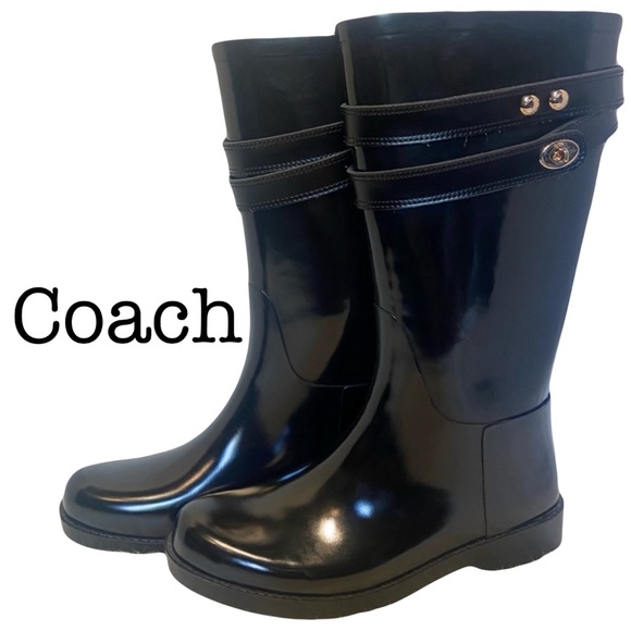 Coach Black Mid Calf Rain Boots Size 6 - Picture 1 of 11